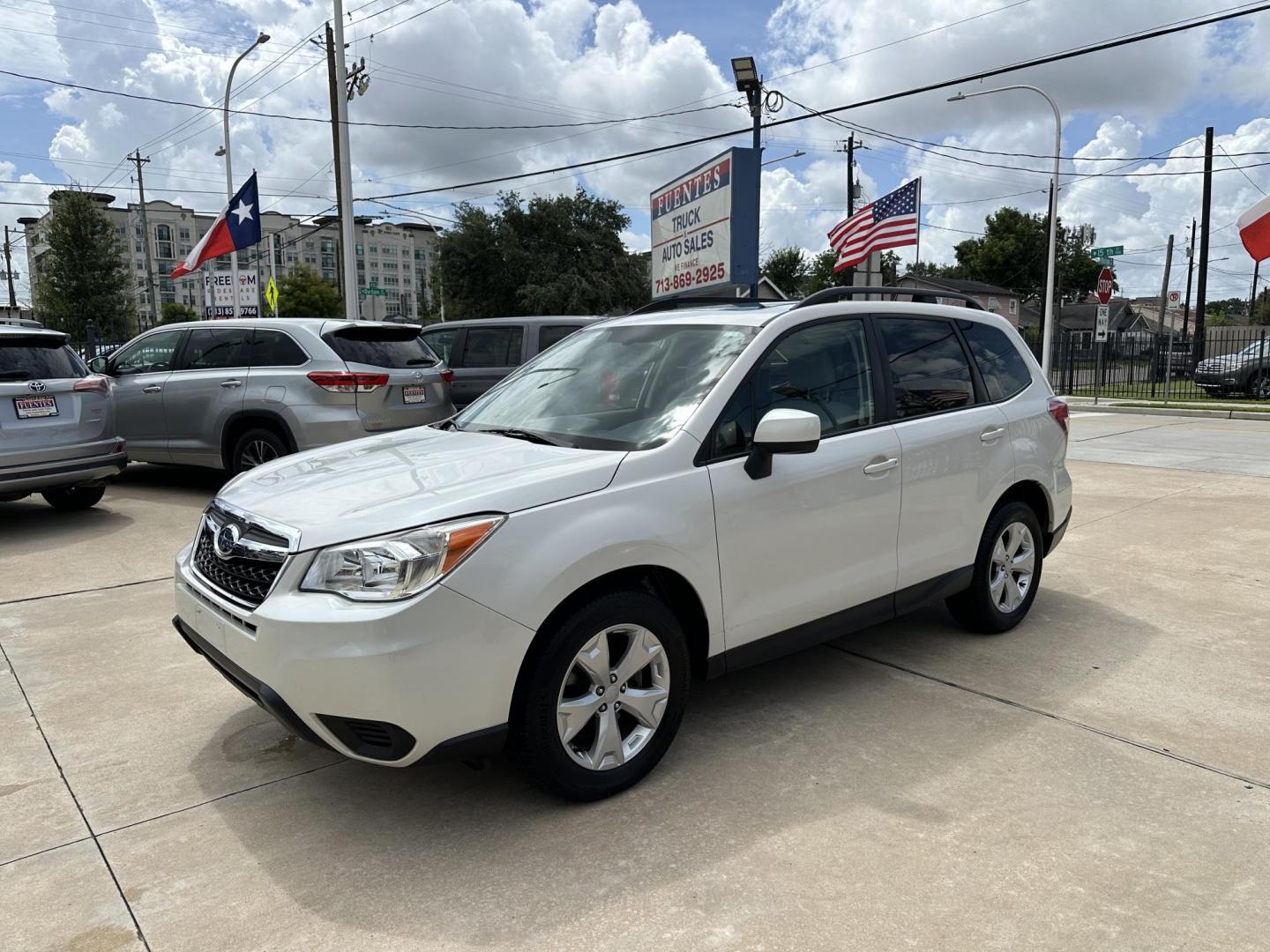 2015 White /Grey Subaru Forester 2.5i Premium (JF2SJADC8FH) with an 2.5L H4 SOHC 16V engine, 6-Speed Automatic transmission, located at 1501 West 15th St., Houston, 77008, (713) 869-2925, 29.797941, -95.411789 - Photo#0