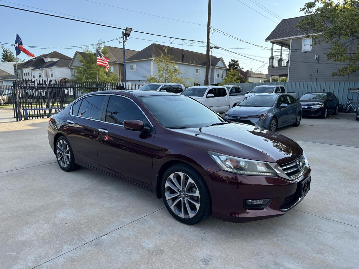 2014 Maroon /Black Honda Accord Sport Sedan CVT (1HGCR2F52EA) with an 2.4L L4 DOHC 16V engine, Continuously Variable Transmission transmission, located at 1501 West 15th St., Houston, 77008, (713) 869-2925, 29.797941, -95.411789 - Photo#1